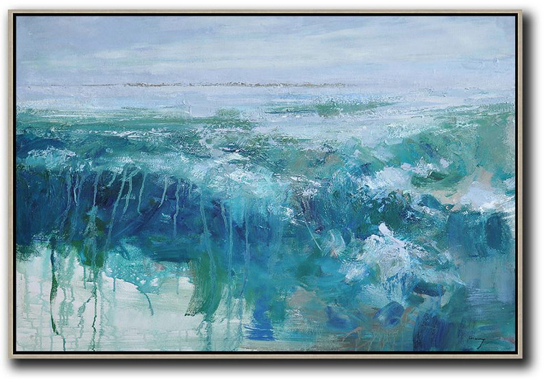 Extra Large 72" Acrylic Painting,Horizontal Abstract Landscape Oil Painting On Canvas,Contemporary Art Wall Decor,Blue,Grey,Green.etc